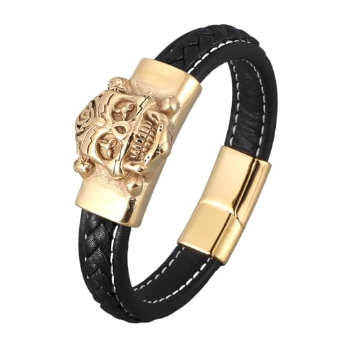 Generisch Armband Herren Leder, Herrenarmband Aus Echtem Leder Mit Magnetverschluss, Handgefertigt, Geflochtenes Manschettenarmband Mit Totenkopf Anhänger, Gothic Halloween Schmuck Für Freund Und von Generisch