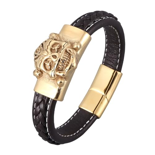 Generisch Armband Herren Leder, Herrenarmband Aus Echtem Leder Mit Magnetverschluss, Handgefertigt, Geflochtenes Manschettenarmband Mit Totenkopf Anhänger, Gothic Halloween Schmuck Für Freund Und von Generisch