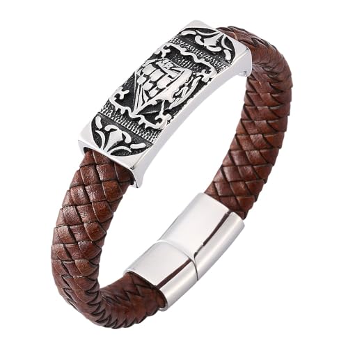 Generisch Armband Herren Leder, Herrenarmband Aus Echtem Leder Mit Magnetverschluss, Punkrock, Handgefertigt, Geflochtenes Armband Mit Schildanhänger, Halloween Schmuck, Geschenke Für Vater, Ehema von Generisch