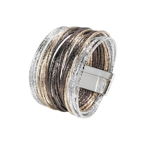 Generisch Armband Herren Leder,Handgewebtes Mehrschichtiges Modisches Bohemian- Armband Aus Pu-Leder Mit Magnetschnalle, Energieschmuck Für Frauen, Champagner von Generisch