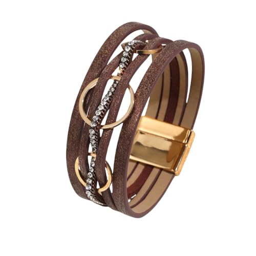 Generisch Armband Herren Leder,Handgewebtes Mehrschichtiges Wickelarmband Aus Pu-Leder Im Bohemian-Stil Mit Drei Magnetschnallen, Energieschmuck Für Frauen, Champagner von Generisch