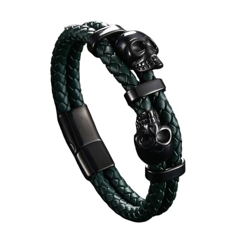 Generisch Armband Leder Herren, Doppellagiges Leder Wickelarmband Für Männer, Handgefertigter Totenkopf Armreif Mit Magnetverschluss, Punkrock Halloween Schmuck, Geschenke Für Freund Und Bruder, von Generisch