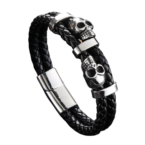 Generisch Armband Leder Herren, Doppellagiges Leder Wickelarmband Für Männer, Magnetverschluss, Handgefertigter Totenkopf Armreif Mit Beutel, Punkrock Halloween Schmuck, Geschenke Für Freund Und von Generisch
