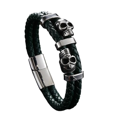 Generisch Armband Leder Herren, Doppellagiges Leder Wickelarmband Für Männer, Magnetverschluss, Handgefertigter Totenkopf Armreif Mit Beutel, Punkrock Halloween Schmuck, Geschenke Für Freund Und von Generisch