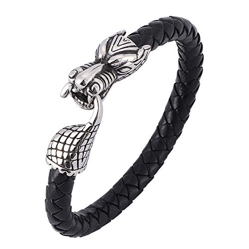 Generisch Armband Leder Herren, Herren-Armband Aus Echtem Leder Mit Hakenverschluss, Schwarz, Handgefertigt, Manschettenarmband, Drachenkopf, Herrenschmuck Mit Beutel, Geschenke Für Teenager Und Ju von Generisch