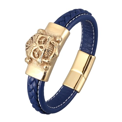Generisch Armband Leder Herren, Herrenarmband Aus Echtem Leder Mit Magnetverschluss, Handgefertigt, Geflochtenes Manschettenarmband Mit Totenkopf Anhänger, Gothic Halloween Schmuck Für Freund Und von Generisch
