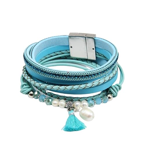 Generisch Armband Leder Herren, Mehrlagiges Wickelarmband Aus Leder Für Damen Im Boho Stil, Stapelbarer Perlenarmreif Mit Quastenanhänger, Handgefertigter Edelsteinschmuck Für Frauen, Teenager Un von Generisch