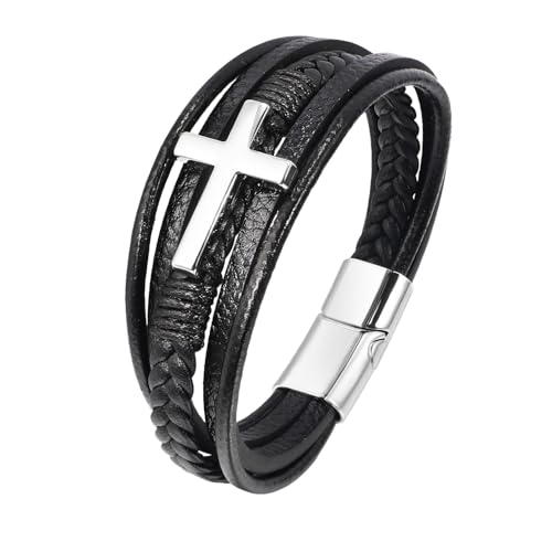 Generisch Armband Leder Herren, Mehrschichtiges Wickelarmband Aus Leder Mit Magnetverschluss, Handgefertigt, Geflochtenes Manschettenarmband Mit Kreuz, Vintage Paarschmuck Mit Beutel, Festivalgesche von Generisch