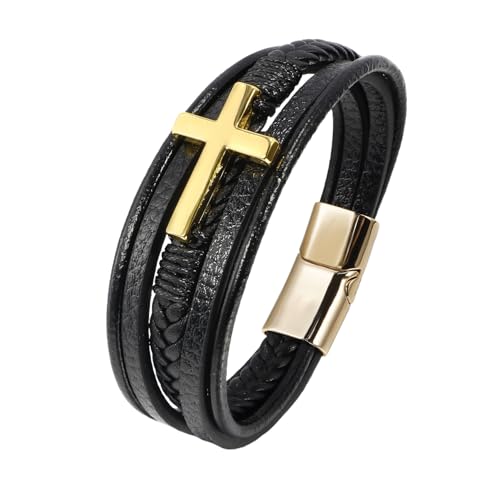 Generisch Armband Leder Herren, Mehrschichtiges Wickelarmband Aus Leder Mit Magnetverschluss, Handgefertigt, Geflochtenes Manschettenarmband Mit Kreuz, Vintage Paarschmuck Mit Beutel, Festivalgesche von Generisch