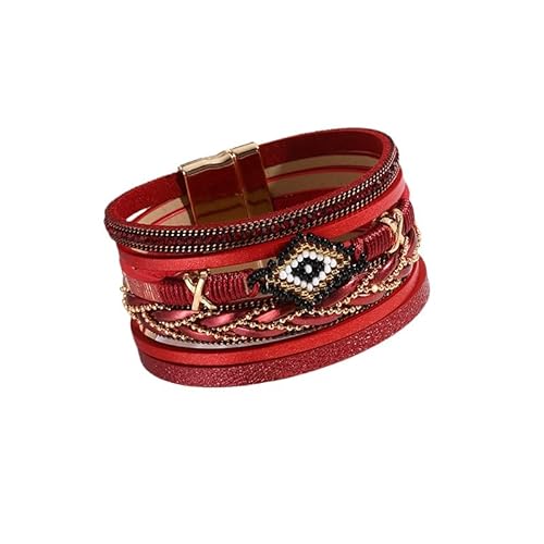 Generisch Armband Leder Herren,Handgewebtes Mehrschichtiges Modisches Böhmisches Reisperlen-Magnetschnallen-Lederarmband, Energieschmuck Für Frauen Schwarz von Generisch