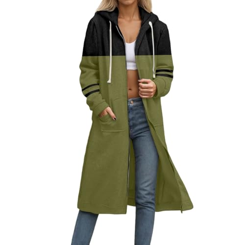 Generisch Armeegrün Hoodie Damen Reißverschluss Lange Dünne Sweatjacke Mit Kapuze Color Block Übergangsjacke Lang Herbst Winter Jacke Elegant Kapuzenjacke Frauen Sweatshirt Jackets for Women von Generisch