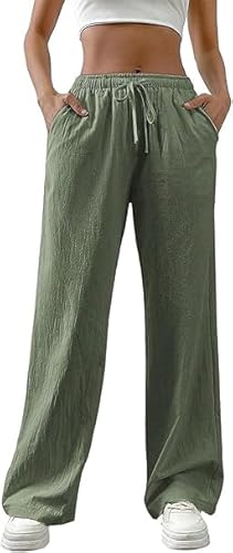 Generisch Armeegrün Leinenhose Damen Sommer Musselin Hose Leicht Lang Jogginghose Elegant Palazzo Einfarbig Yogahose LäSsig Weites Bein Freizeithose Sommerhose Leinen Mode Strandhose von Generisch