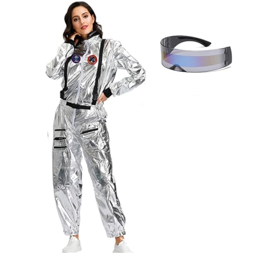 Generisch Astronaut Kostüm Damen Herren Astronauten Kostüm Silber Weltraum Kleidung Overall Set Frauen Karneval Space Kostüm Cosplay Weltall Kostüm Faschingskostüm Raumfahrer Fasching Outfits von Generisch