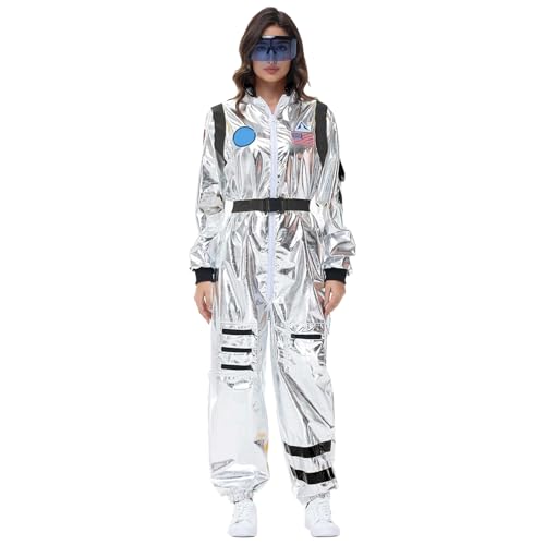 Generisch Astronaut Kostüm Damen Herren Astronauten Kostüm Silber Weltraum Kleidung Overall Set Frauen Karneval Space Kostüm Cosplay Weltall Kostüm Faschingskostüm Raumfahrer Fasching Outfits von Generisch