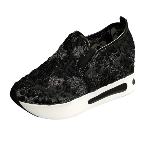 Generisch Atmungsaktive Spitze Mesh Blumenstickerei Runder Dicker Boden Bequeme Freizeitschuhe (Black, 44) von Generisch