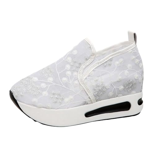 Generisch Atmungsaktive Spitze Mesh Blumenstickerei Runder Dicker Boden Bequeme Freizeitschuhe (White, 43) von Generisch