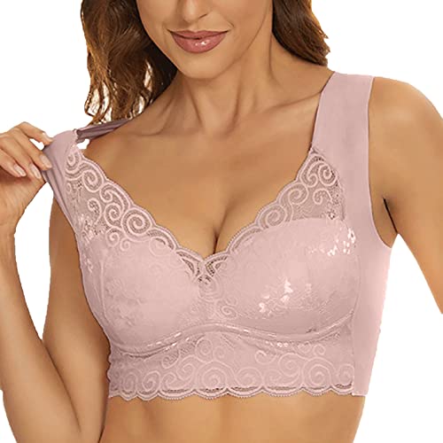 Generisch BH Damen Ohne Bügel Komfort Spitze Nahtloser Minimizer BH Starker Halt Klassischer Push Up Soft Damen-BHS Baumwoll Atmungsaktiv Bralette Wohlfühl Bustiers Top Rosa L von Generisch