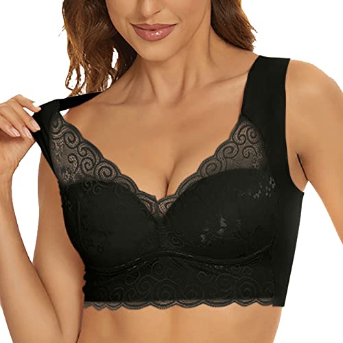 Generisch BH Damen Ohne Bügel Komfort Spitze Nahtloser Minimizer BH Starker Halt Klassischer Push Up Soft Damen-BHS Baumwoll Bralette Wohlfühl Bustiers Top Schwarz XXL von Generisch