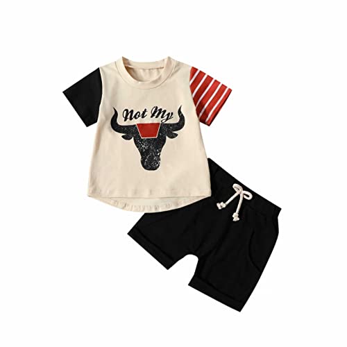 Generisch Baby Kleidung Junge Anzug Sommer Casual Set Kleinkind Cartoon Cowboy Print Kurzarm T-shirt Shorts Zwei Stück Set Geeignet Für 1 bis 3 Kinder Body Set Taufanzug Junge(Beige, 18-24 Months) von Generisch