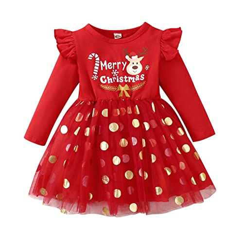 Generisch Baby Mädchen Weihnachten Kleid Outfit Prinzessin Weihnachtskleid Weihnachtsoutfit Rot Tutu Kleid Langarm Spitze Rock Babykleidung Neugeborene Weiche Kleidung My First Christmas von Generisch