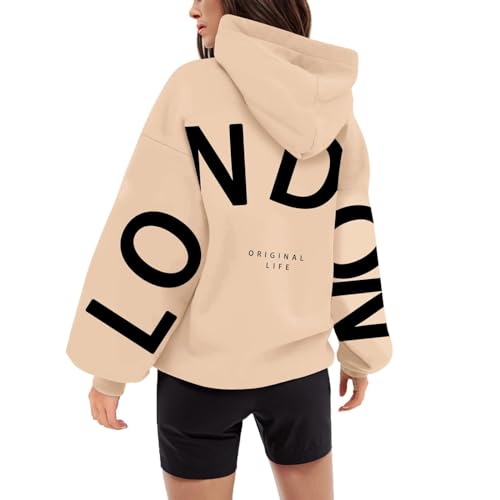 Generisch Backprint Hoodie Damen Mit London Aufdruck Oversize Pullover Mit Kapuze College Hoody Athletic Sweatshirt Baumwolle Freizeit Kapuzenpullover Langarm Oberteile Langarmshirt Tops von Generisch