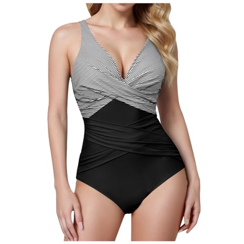Generisch Badeanzug Damen Bauchweg Badeanzug Push Up Bademode - Badeanzug V-Ausschnitt Mit Shaping Effekt Bauchweg Schwimmanzug Sport Bademode Große Größen Einteiliger Badeanzüge Grau XXL von Generisch