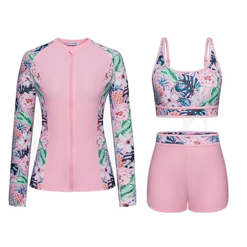 Generisch Badeanzug Mädchen Kinder Badebekleidung Bikini 3-teiliges Rashguard-Badeanzug-Set für Damen langärmelig mit Boyshorts Push-Up-Bikini-Sets Nylon Anzug (12-13 Years) von Generisch