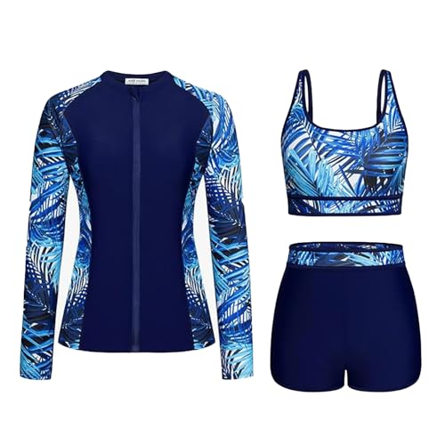 Generisch Badeanzug Mädchen Kinder Badebekleidung Bikini 3-teiliges Rashguard-Badeanzug-Set für Damen langärmelig mit Boyshorts Push-Up-Bikini-Sets Nylon Anzug (Navy 12-13 Years) von Generisch