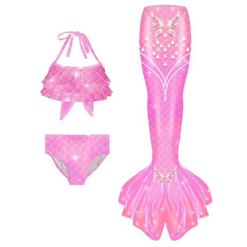 Generisch Badeanzug Mädchen 𝙈eerjung𝙛rau Monoflosse Kostüm Badekleid Badebekleidung Für 4-13 Jahre 3-Teiliges Set 𝙈eerjung𝙛rau-Cosplay 𝙈eerjung𝙛rauenflosse Performance-Outfit Pink 140 von Generisch