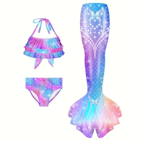 Generisch Badeanzug Mädchen 𝙈eerjung𝙛rau Monoflosse Kostüm Badekleid Badebekleidung Für 4-13 Jahre 3-Teiliges Set 𝙈eerjung𝙛rau-Cosplay 𝙈eerjung𝙛rauenflosse Performance-Outfit Purple 120 von Generisch