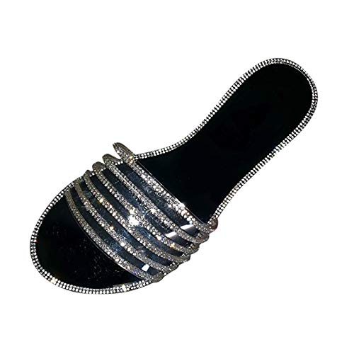 Generisch Badeschuhe Damen Elegant, Pantoletten Damen Schwarz Glitzer Strass Slippers Gummi Bequeme Sommerschuhe Weiche Rutschfest Strandschuhe Leichte Open Toe Sandaletten Große Größe Badelatschen von Generisch