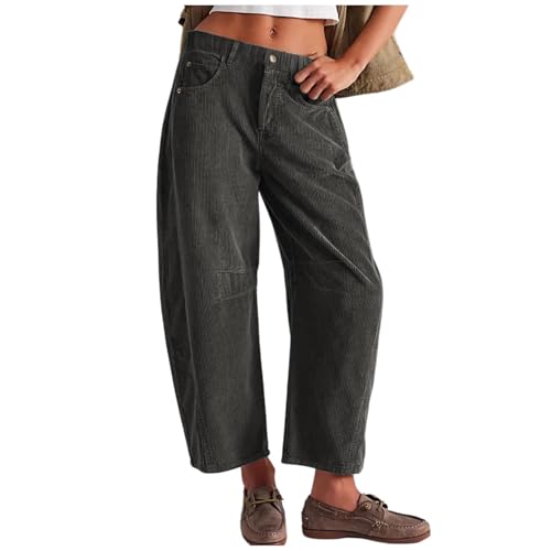 Generisch Baggy Cordhose für Damen, Cordhose mit Mittlerer Leibhöhe, Hose mit Elastischer Taille, verkürzte Hose, Arbeitshose, Business, Freizeithose mit Weitem Bein (Gray,M) von Generisch