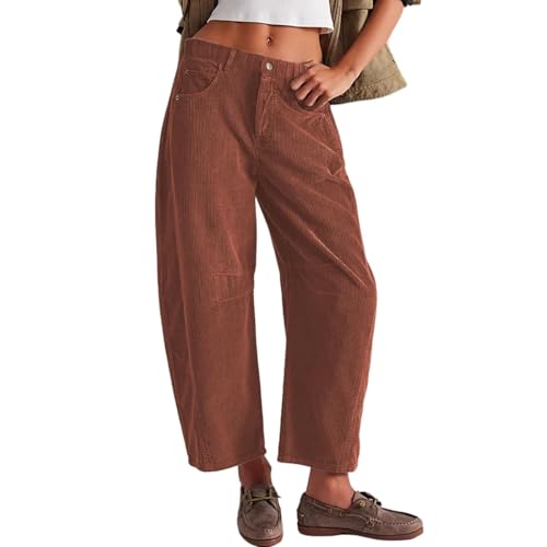 Generisch Baggy Cordhose für Damen, Cordhose mit Mittlerer Leibhöhe, Hose mit Elastischer Taille, verkürzte Hose, Arbeitshose, Business, Freizeithose mit Weitem Bein (Red,L) von Generisch