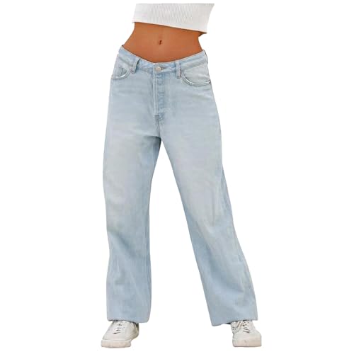 Generisch Baggy Damen Jeans Vintage Hosen Mode lässig hohe Taillentaschen gerades Bein Weite Bein Jeans weiblicher Knopf lockere einfarbige Hose (Light Blue, S) von Generisch
