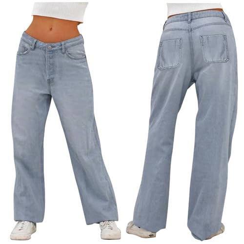 Generisch Baggy Jeans Damen Gerade Plus Size Schwarz High Waist Stretch Retro Bequeme Bootcut Mom Passform Hosen Wide Leg Hell Y2k Leicht von Generisch