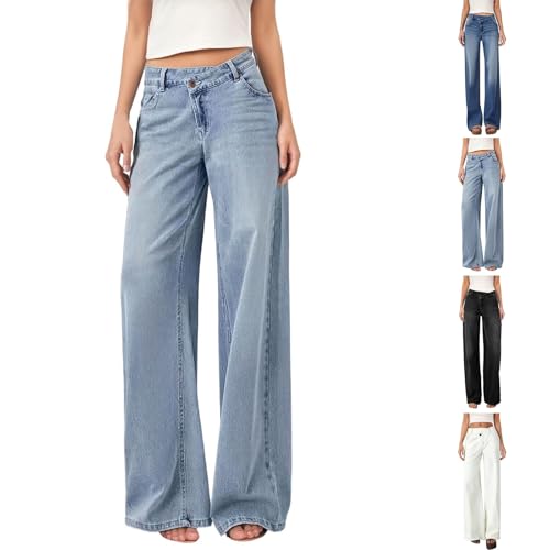 Generisch Baggy Jeans Damen Jeanshosen Einzigartigem Design Unregelmäßige Knöpfe High Waist Weites Bein Stretch Straight Hosen Casual Lose Damenhose Freizeithose Wide Leg Denim Pants (Blue, L) von Generisch