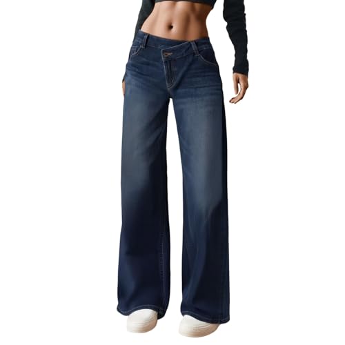Generisch Baggy Jeans Damen Jeanshosen Einzigartigem Design Unregelmäßige Knöpfe High Waist Weites Bein Stretch Straight Hosen Casual Lose Damenhose Freizeithose Wide Leg Denim Pants (Dark Blue, XL) von Generisch