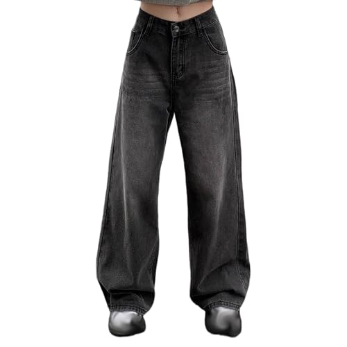 Generisch Baggy Jeans Damen Low Waist Jeanshosen Wide Leg Jeanshose Hip Hop Hose Sommer Denimhose Bequeme Damenhose Denim Pants Weites Bein Hosen Lässig Y2k Streetwear Schwarz XXL von Generisch