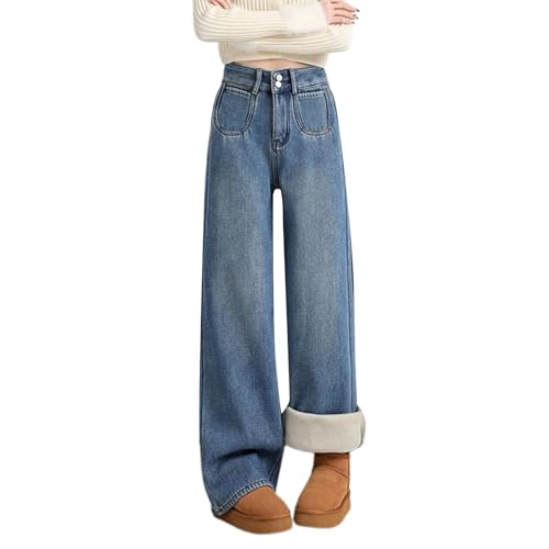 Generisch Baggy Jeans Damen Thermo Jeans Thermohose Damen Winter High Waist Straight Leg Baggy Jeans Winter Fleece GefüTterte Thermohose Denim Weites Bein Thermojeans von Generisch