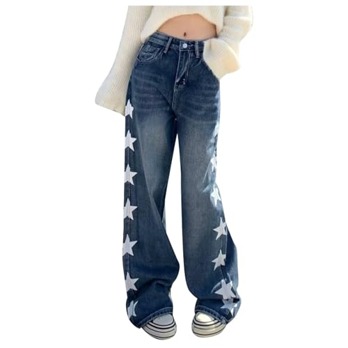 Generisch Baggy Jeans Damen Y2k Jeans Damen Jeanshose Hoher Taille Hip Hop Straight Vintage Denim Hose Breites Bein Loose Hosen Locker Streetwear Schlupfjeans Freizeithose von Generisch