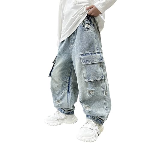 Generisch Baggy Jeans Jungs 164 Weites Bein Jeanshosen Rapper Kostüm Kinder Barrel Denim Hose Straight Leg Denimhose Elastischem Bund Cargo Jeans Mode Stretch Streetwear Frühling Freizeithose,Blau von Generisch