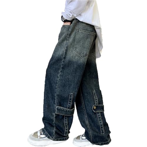 Generisch Baggy Jeans Jungs 164 Weites Bein Jeanshosen Rapper Kostüm Kinder Barrel Denim Hose Straight Leg Denimhose Elastischem Bund Cargo Jeans Mode Stretch Streetwear Frühling Freizeithose,Blau von Generisch