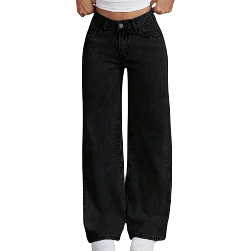 Generisch Baggy Jeans Mädchen High Waist Mode Jeanshose Weites Bein Hosen Kinder Mit Gummizug Breite Y2K Denimhose Wide Leg Denim Hose Teenager Stretch Freizeithose Stoffhose 5-16 Jahre Schwarz 120 von Generisch