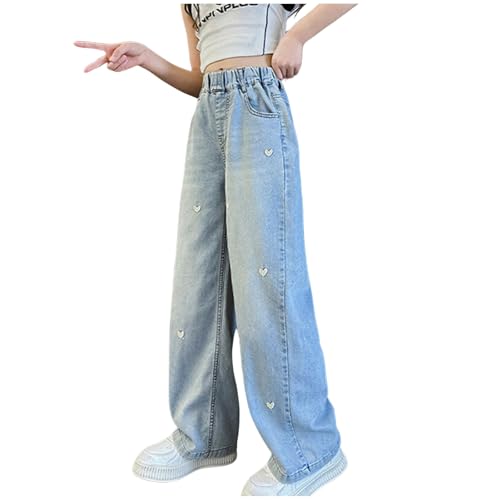 Generisch Baggy Jeans Mädchen Weites Bein Jeanshose mit Gummizug High Waist Elastischer Schlaghose Breite Bein Denim Jeans Vintage Cargohose Y2K Boyfriend Pants für Kinder 5-14 Jahre von Generisch