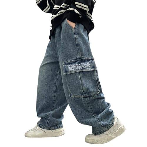 Generisch Baggy Jeanshosen,Jungs 164 Weites Bein Jeans Rapper Kostüm Kinder Barrel Denim Hose Straight Leg Denimhose Elastischem Bund Cargo Jeans Mode Stretch Streetwear Frühling Freizeithose,Blau von Generisch