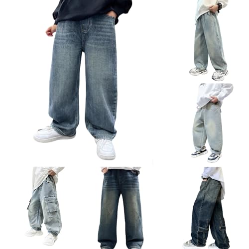 Generisch Baggy Jeanshosen Jungs 164 Weites Bein Jeans Rapper Kostüm Kinder Barrel Denim Hose Straight Leg Denimhose Elastischem Bund Cargo Jeans Mode Stretch Streetwear Frühling Freizeithose,Blau von Generisch