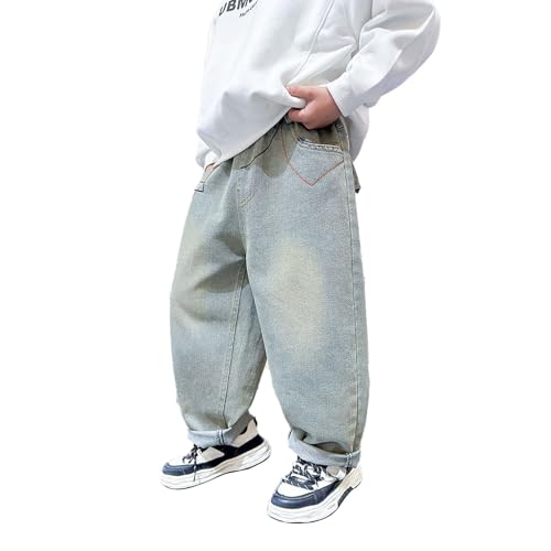 Generisch Baggy Jeanshosen Jungs 164 Weites Bein Jeans Rapper Kostüm Kinder Barrel Denim Hose Straight Leg Denimhose Elastischem Bund Cargo Jeans Mode Stretch Streetwear Frühling Freizeithose,Blau von Generisch
