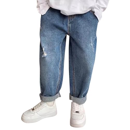Generisch Baggy Jeanshosen Jungs 164 Weites Bein Jeans Rapper Kostüm Kinder Barrel Denim Hose Straight Leg Denimhose Elastischem Bund Cargo Jeans Mode Stretch Streetwear Frühling Freizeithose,Blau von Generisch