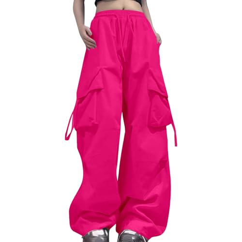 Generisch Baggy Jogginghose, Cargohose Damen, Baggy Streetwear Parachute Hose Coole Relaxhose Sommerhosen Mit Gummizug Jogginghose Trousers Weites Bein Kletterhose Y2k Freizeithose Hot Pink XXL von Generisch