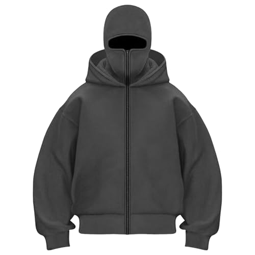 Generisch Balaclava Hoodie Herren Damen Ninja Kapuzenpullover mit Sturmhaube Oversized Mask Jacke mit 1/4 Zip Doppel Kapuze Einfarbig Y2K Hoodie mit Fleece Winddichte Übergangsjacke Motor Fahrrad von Generisch